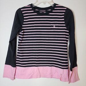 Lauren Ralph Lauren Top Women's PM Medium Black Pink Striped Girlcore Embroider